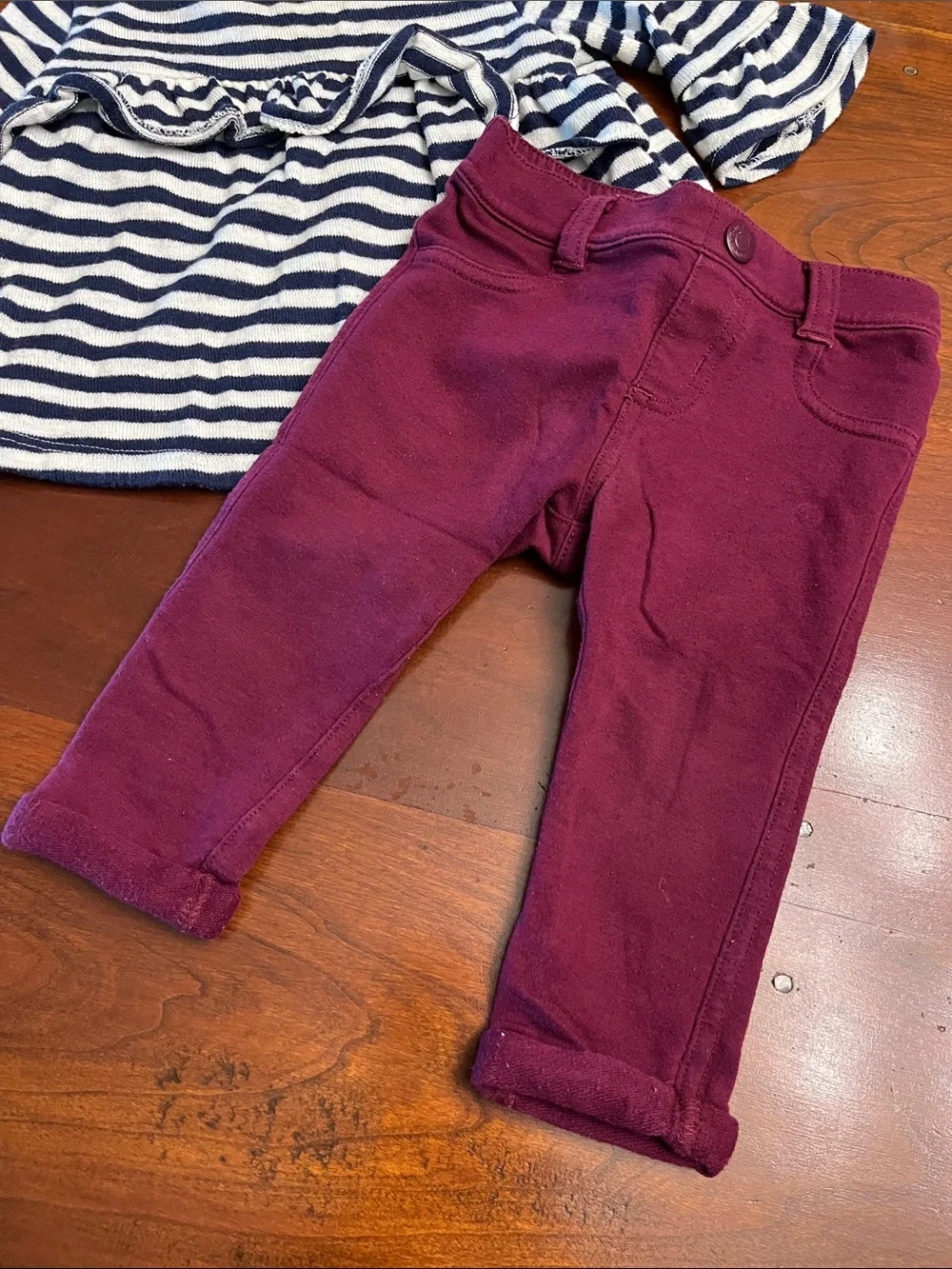 Old Navy Navy & White Striped Ruffle Top with Burgundy Pants Set
